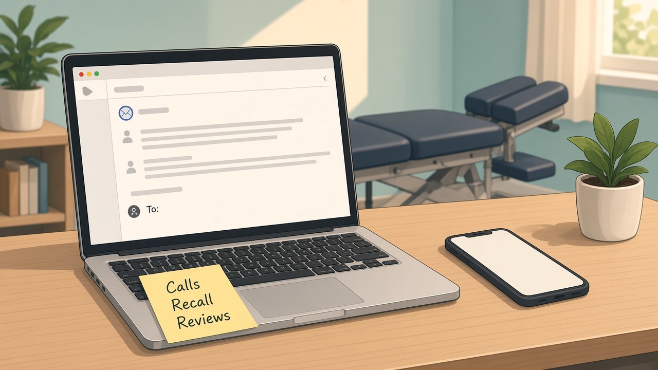 A clinic front desk with a laptop, phone and treatment table, and a sticky note reading "Calls, Recall, Reviews."