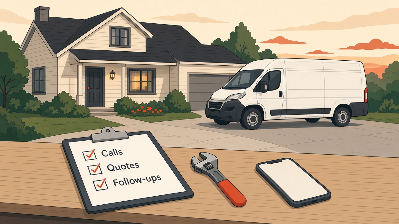 A service van parked outside a house with a clipboard checklist reading "Calls, Quotes, Follow-ups."