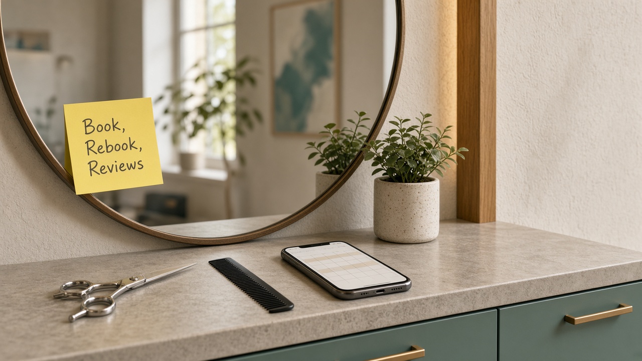 A salon station with a round mirror, scissors, a comb, a phone and a sticky note reading "Book, Rebook, Reviews."