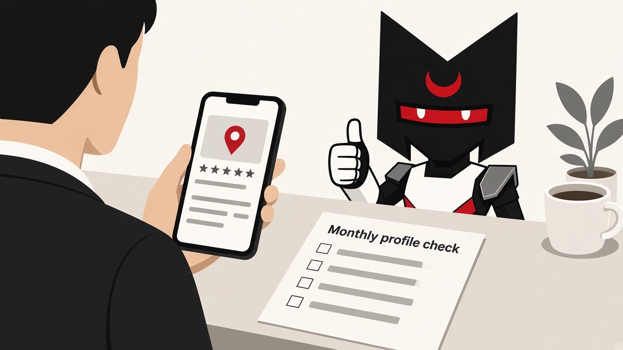 An owner at a counter with a phone showing a business listing, next to a short checklist titled "Monthly profile check."
