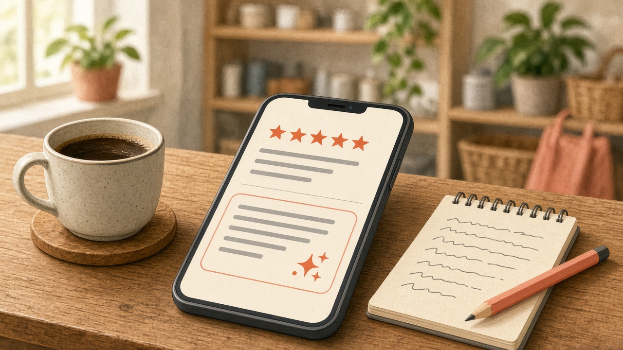 A phone showing a five-star review with a friendly reply drafted underneath, next to a notepad of short reply notes.